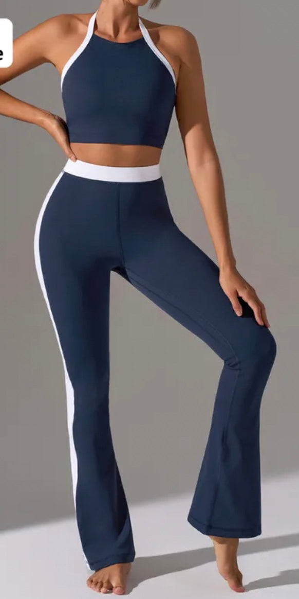 Fit Stripe set  cuello alto /flare legging blue